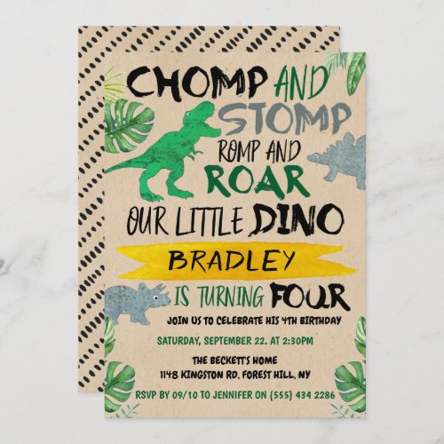Chomp  Stomp Dinosaur Boys 4th Birthday Invitation