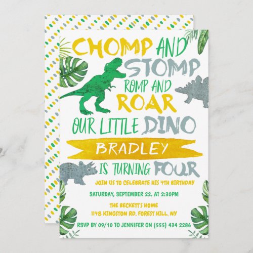 Chomp  Stomp Dinosaur Boys 4th Birthday Invitation