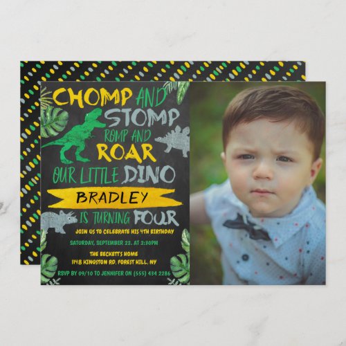 Chomp  Stomp Dinosaur Boys 4th Birthday Photo Invitation