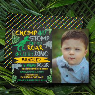 Chomp & Stomp! Dinosaur Boys 4th Birthday Photo Invitation