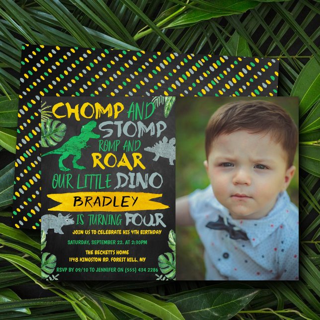 Chomp & Stomp! Dinosaur Boys 4th Birthday Photo Invitation (Creator Uploaded)