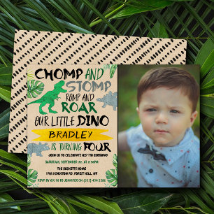 Chomp & Stomp! Dinosaur Boys 4th Birthday Photo Invitation