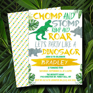 Chomp & Stomp! Dinosaur Boys Any Age Birthday Invitation