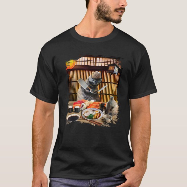 Chonk Cat Sushi Ramen Chef, Kitty Wearing Glasses, T-Shirt (Front)