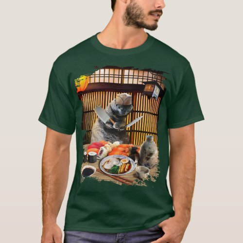 Chonk Cat Sushi Ramen Chef Kitty Wearing Glasses T_Shirt