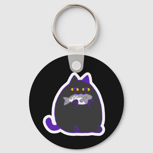 Chonky Black Cat with a Fish Keychain (Front)