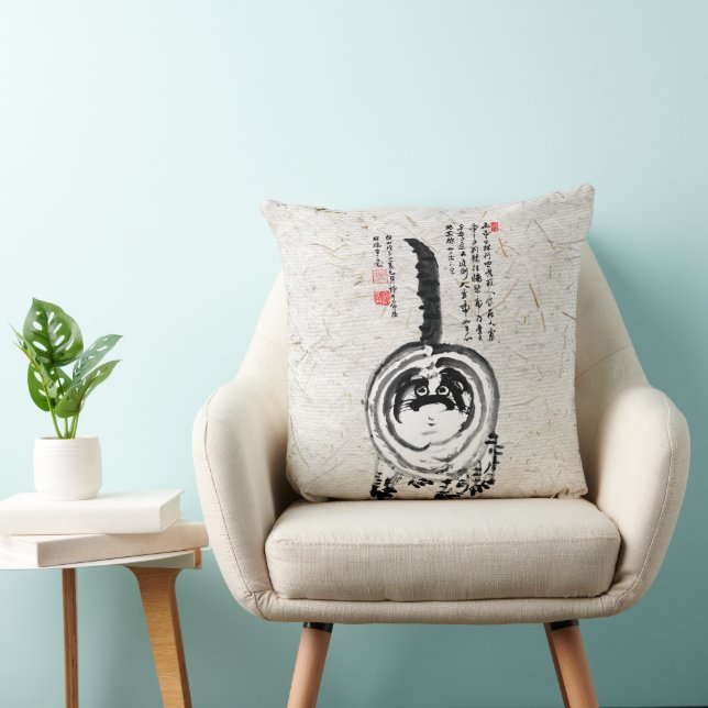Chonky Striped Japanese Tabby Cat Throw Pillow (Chair)