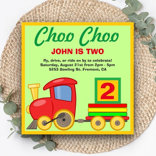 Choo Choo Colorful Toy Train Birthday Party Invite