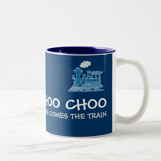 "Choo Choo here comes the train" blue mug (Right)