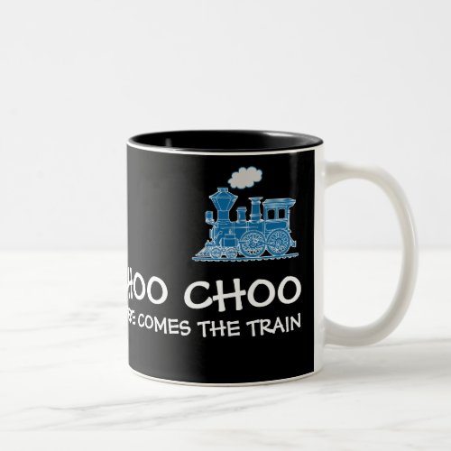 Choo Choo here comes the train navy  black mug