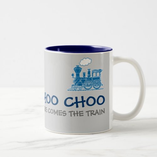 Choo Choo here comes the train navy  grey mug