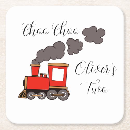 Choo Choo Iâm Two red train birthday Square Paper Coaster