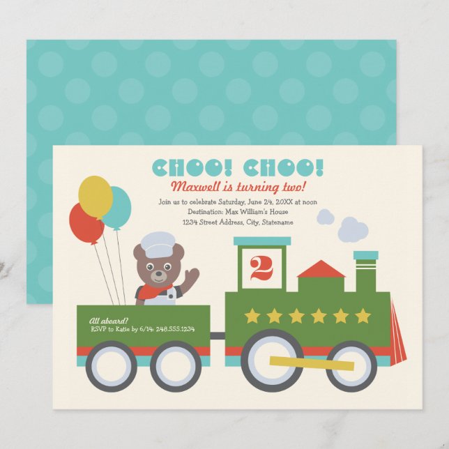 Choo Choo Train Aqua Bear Birthday Party Invitation (Front/Back)