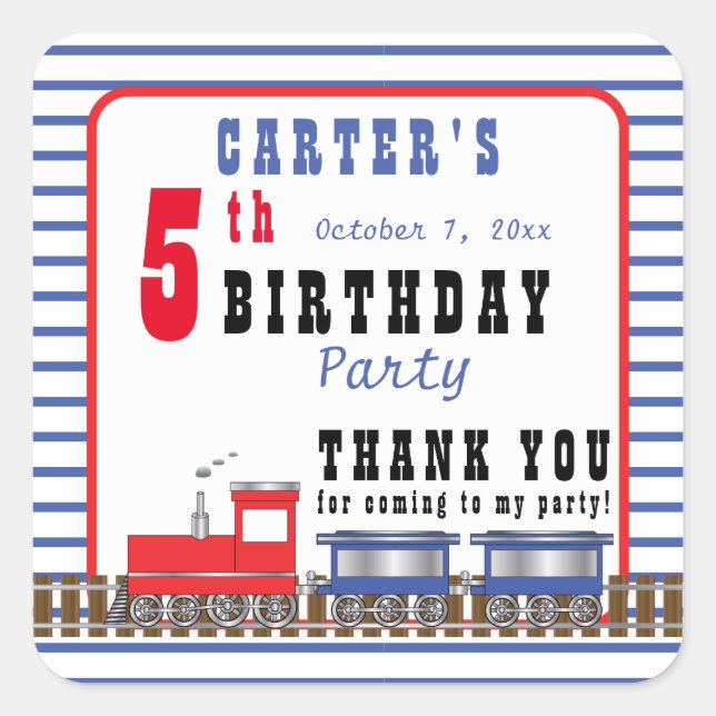Choo Choo Train Birthday Thank You Favor Square Sticker (Front)