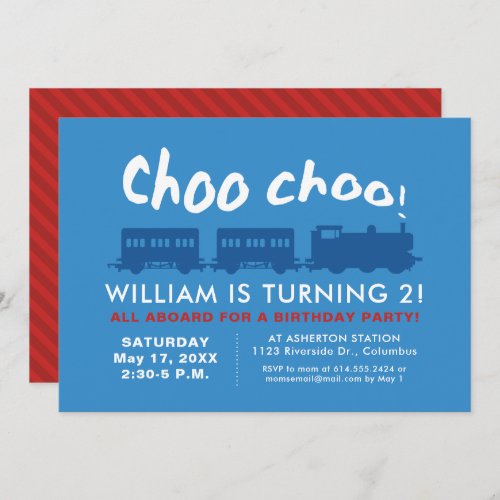 Choo choo train blue red childrens birthday invitation