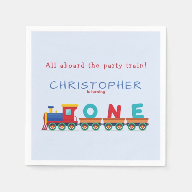 Choo Choo Train Boys 1st Birthday Blue Party Napkins (Front)