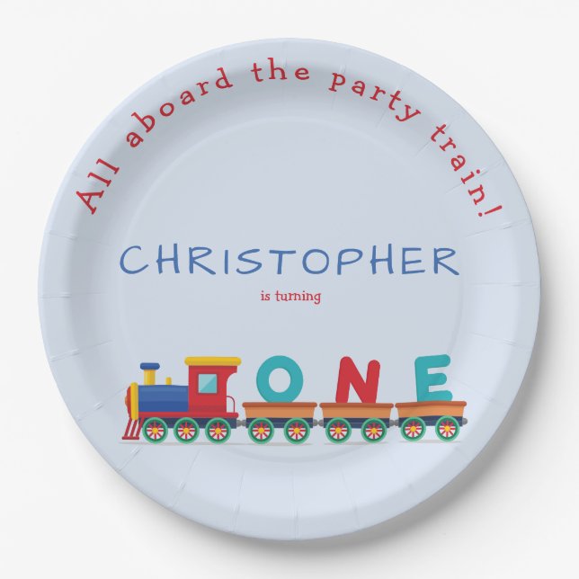 Choo Choo Train Boys 1st Birthday Blue Party  Paper Plates (Front)