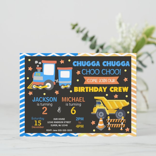 Choo Choo Train & Construction Joint Birthday Invitation (Standing Front)