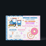 Choo Choo Train & Donuts Joint Birthday Invitation<br><div class="desc">Train & Donut Joint Birthday Invitation – All Aboard for a Sweet Birthday Party Chugga chugga choo choo… it’s time for a sweet birthday celebration! This adorable Train & Donut joint birthday invitation is the perfect mix of fun and yummy, featuring a bright blue train for little transportation lovers and...</div>
