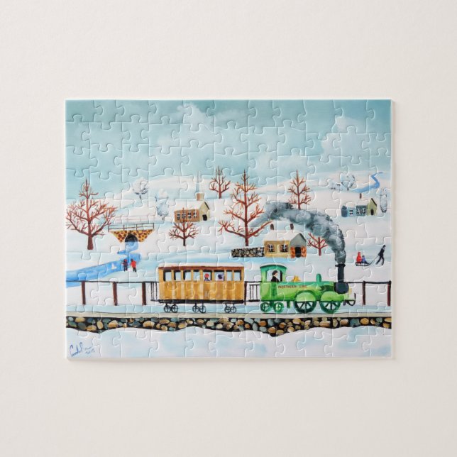 Choo choo train folk art winter scene jigsaw puzzle (Horizontal)