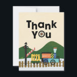 Choo-Choo Train Kids Birthday Party Thank You Card<br><div class="desc">After your guests depart your kids train-themed birthday party, send each a handwritten thank you card (flat style). One side has a colorful train and landscape design with "Thank You." The other side has plenty of blank space for your message plus a multi-car train on tracks complete with a smiling...</div>