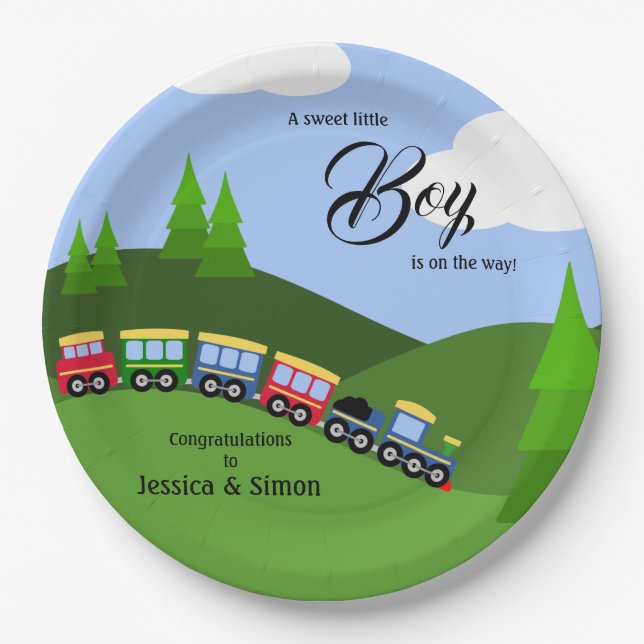 Choo Choo Train Landscape Boy Baby Shower Paper Plates (Front)
