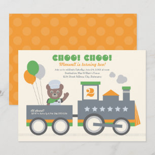 Choo Choo Train Orange Bear Birthday Party Invitation