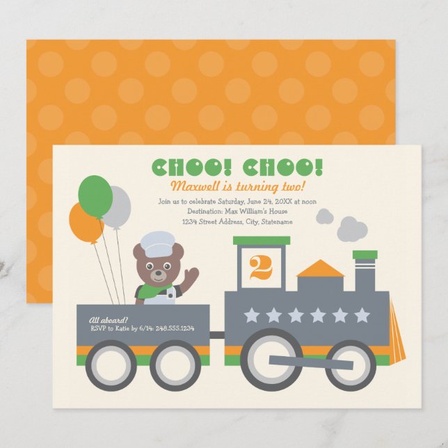 Choo Choo Train Orange Bear Birthday Party Invitation (Front/Back)