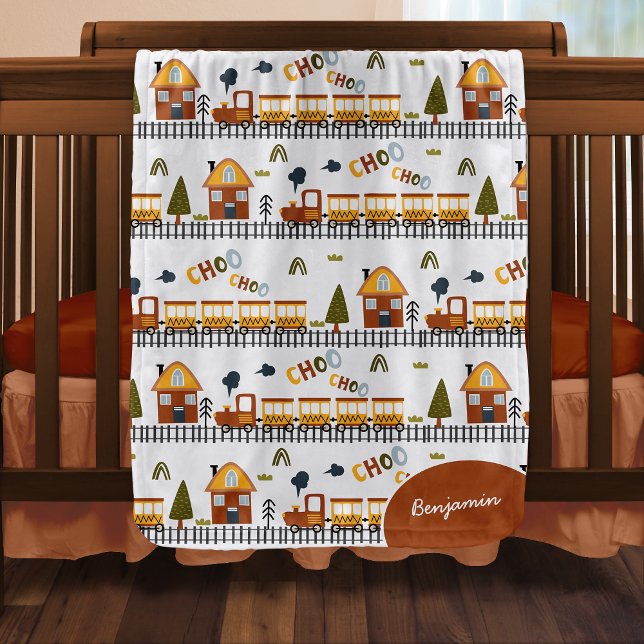 Choo Choo Train Pattern First Name Red Polka Dot Baby Blanket (Creator Uploaded)