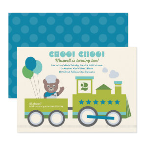 Choo Choo Train Teal Bear Birthday Party Invitation