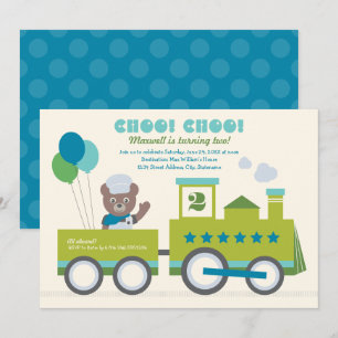Choo Choo Train Teal Bear Birthday Party Invitation