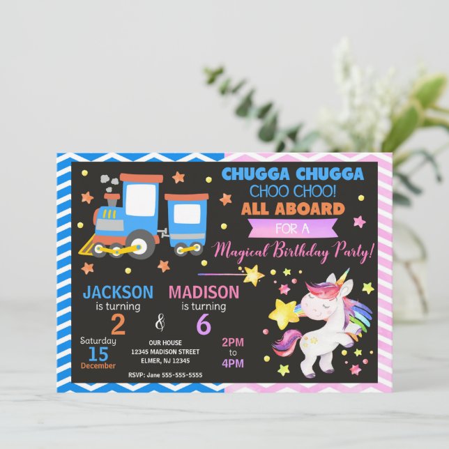 Choo Choo Train & Unicorn Joint Birthday Invitation (Standing Front)