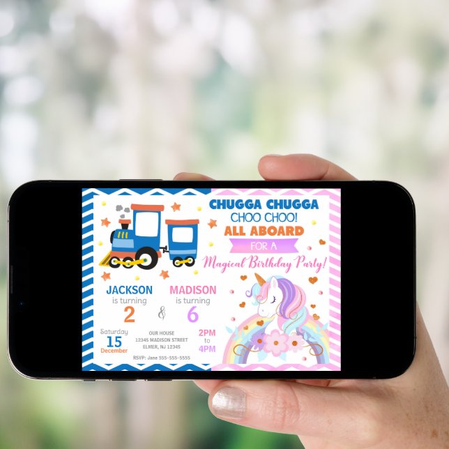 Choo Choo Train & Unicorn Joint Birthday Invitation (Front Digital)