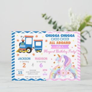 Choo Choo Train & Unicorn Joint Birthday Invitation