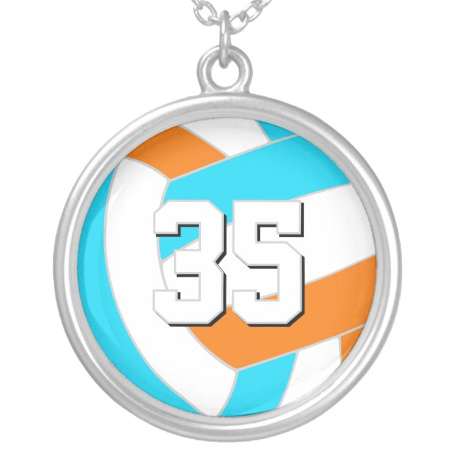 choose ANY team colors w jersey number volleyball Silver Plated Necklace (Front)