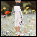 CHOOSE COLOR name black white yoga capri leggings<br><div class="desc">CHOOSE YOUR COLOR custom yoga capri leggings! Printed edge to edge, with your name in large black script up one leg! Sample is white with black waist, but you can easily customize to color of your choice. Also easy to change or delete example name. All Rights Reserved © 2020 Alan...</div>