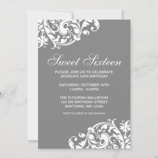Choose Color Swirl Flourish Sweet 16 Birthday Invitation (Front)