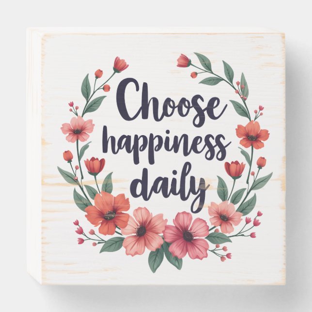 Choose Happiness Daily Floral Wreath Wooden Box Sign (Front Horizontal)