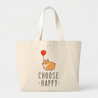 Choose Happy Corgi Lover Gift Dog Quote Corgi Mom Large Tote Bag