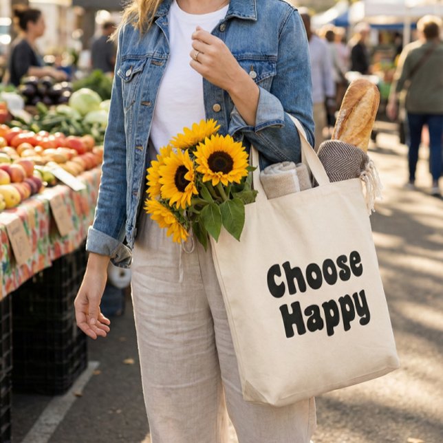 Choose Happy Inspirational Quote Retro Black Text Tote Bag (Creator Uploaded)