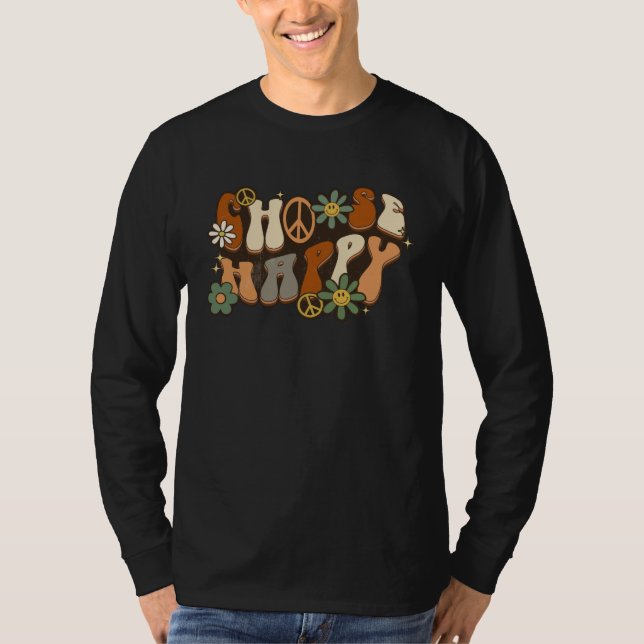 Choose Happy Peace Sign Daisy Flowers Retro Wavy G T-Shirt (Front)