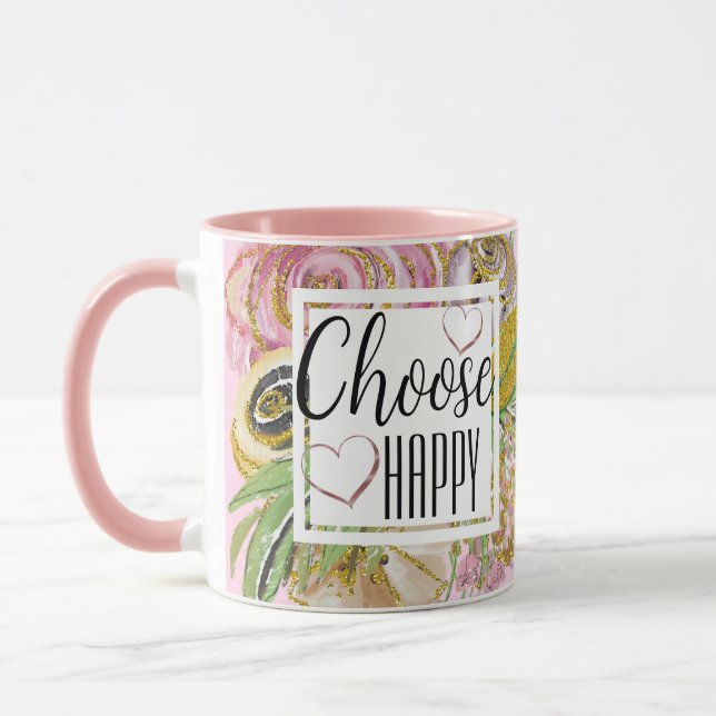 Choose Happy Rose Gold Glitter Floral Mug (Left)