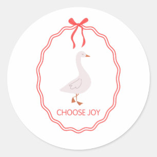 Choose Joy Cute Goose with Red Ribbon Frame Classic Round Sticker