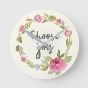 Choose Joy Pink Pastel Roses Round Clock