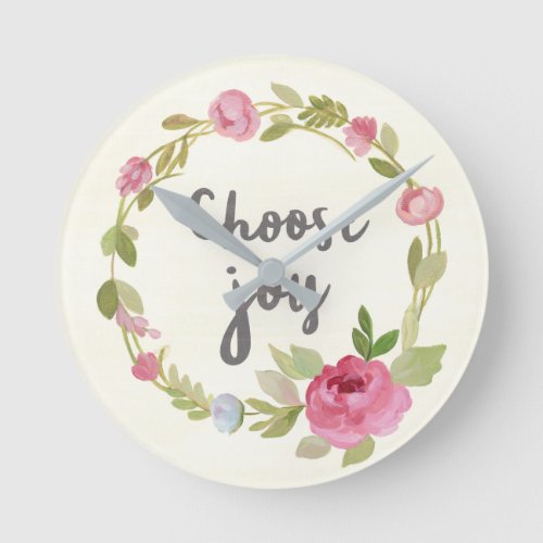 Choose Joy  Pink Pastel Roses Round Clock