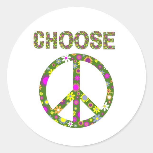 Choose Peace - Retro Flower Peace Sign  Classic Round Sticker (Front)