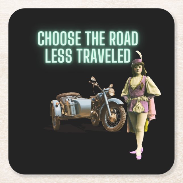 Choose the Road Less Traveled Fun Altered Art   Sq Square Paper Coaster (Front)