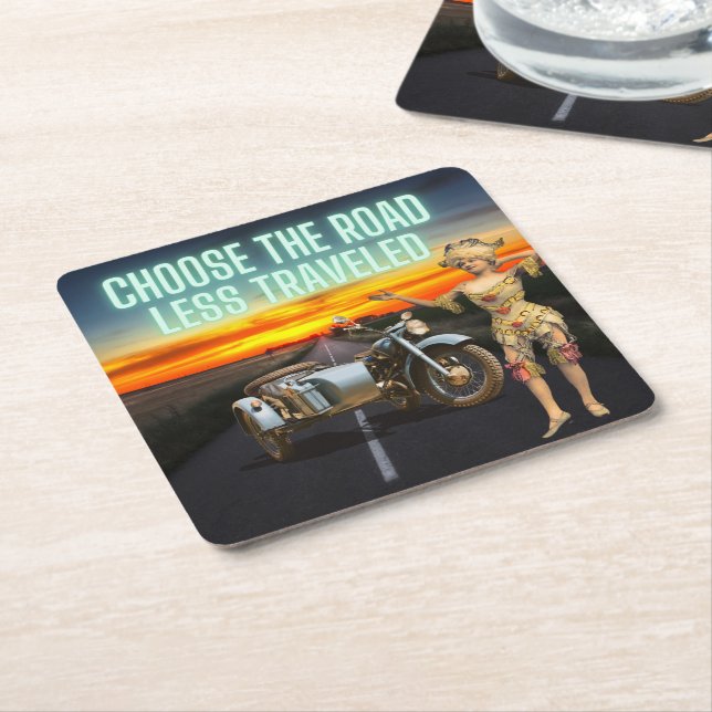 Choose the Road Less Traveled Fun Altered Art  Square Paper Coaster (Angled)
