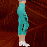CHOOSE YOUR COLOR custom yoga capri leggings<br><div class="desc">CHOOSE YOUR COLOR custom yoga capri leggings! Printed edge to edge, with your name in large black script up one leg! Sample is turquoise blue green, but you can easily customize to color of your choice. Also easy to change or delete example text. All Rights Reserved © 2020 Alan &...</div>