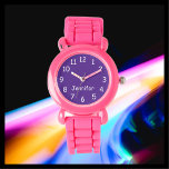 CHOOSE YOUR COLORS, Name, Kids Pink Purple Wrist  Watch<br><div class="desc">This fun kids wrist watch with a pink silicone strap can be customized as you wish. You can CHOOSE YOUR OWN COLOR to replace the purple background on the watch face and you can make the text say whatever you want. Or keep my purple and white design. All Rights Reserved...</div>